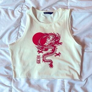 S Women’s Cropped White Tank Top with Red Dragon and Chinese Characters
